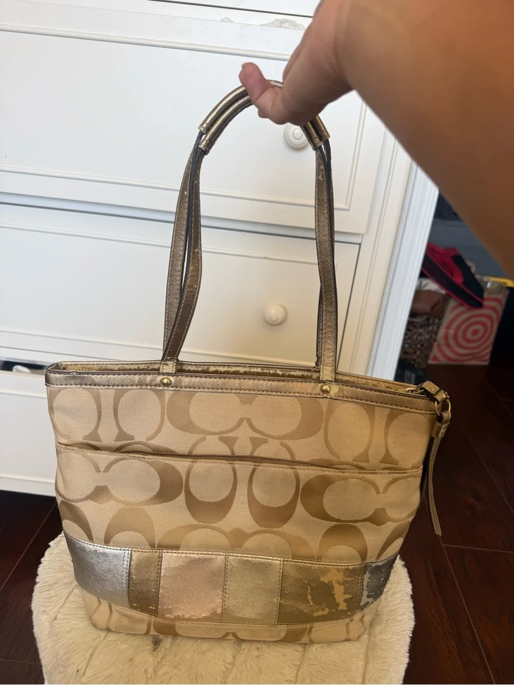 Coach Vintage Signature Metallic Patchwork Tote in Gold and Beige
